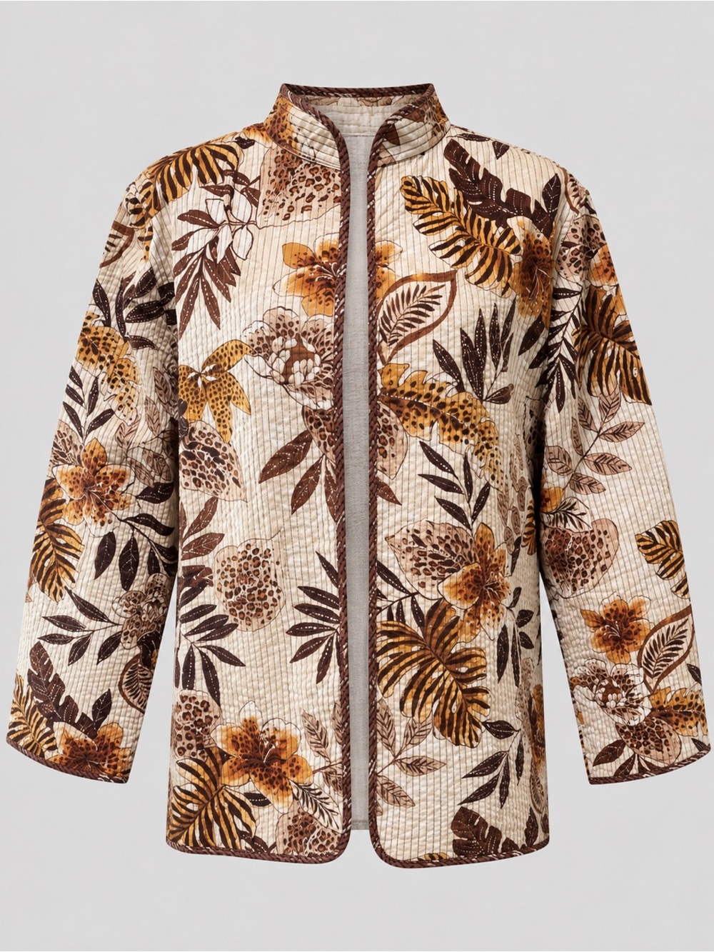 Alfred Dunner Quilted Floral Cotton Jacket Brown Ivory Size 18 Open Front